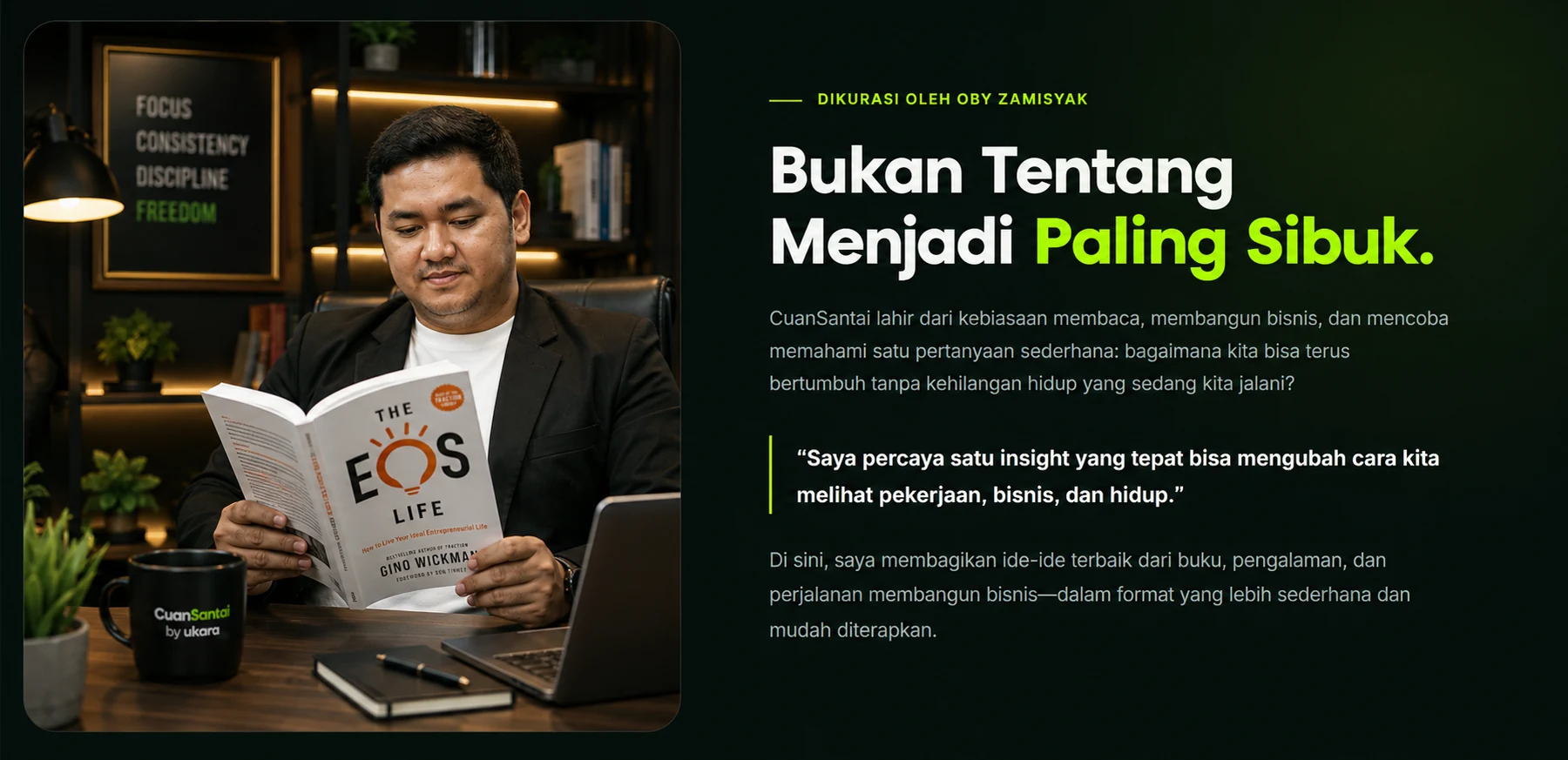 Oby Zamisyak membaca The EOS Life di kantor